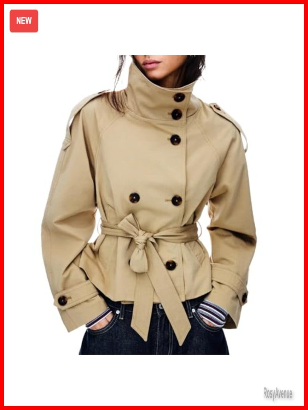 Cropped Trench Coat Double Breasted Belted Funnel Neck Fall Jacket